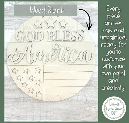 Patriotic Door Hanger Wood Blank | God Bless America 4th of July Decor | Unfinished Craft Supply | Front Porch Sign | Paint Party