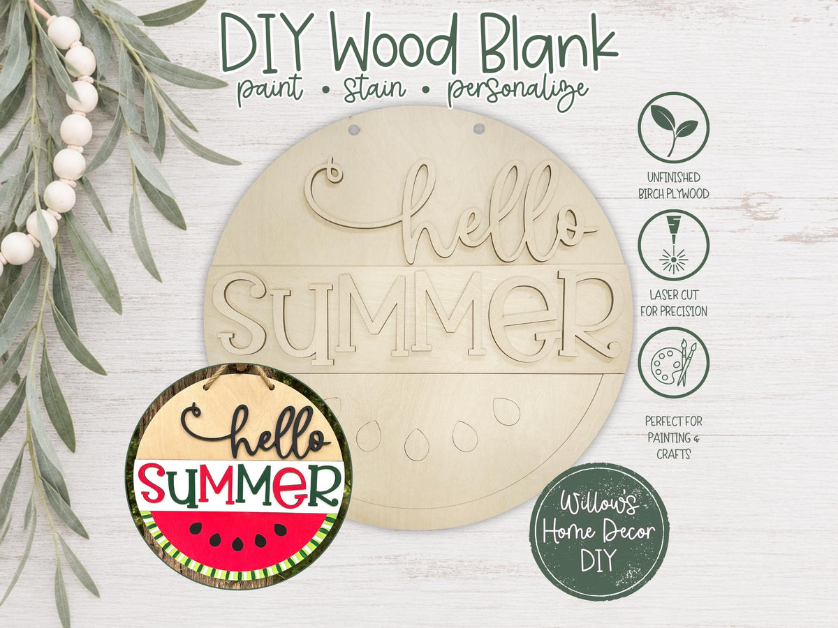 DIY Wood Blank Hello Summer Door Hanger | Unfinished Watermelon Craft | Front Porch Sign | Paint Party Supply