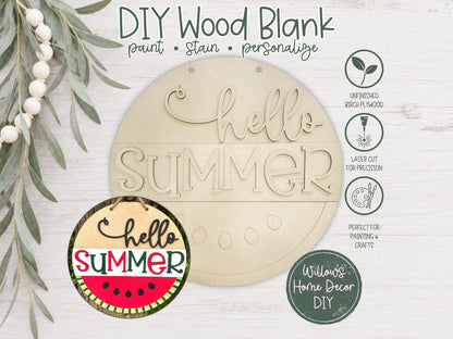 DIY Wood Blank Hello Summer Door Hanger | Unfinished Watermelon Craft | Front Porch Sign | Paint Party Supply