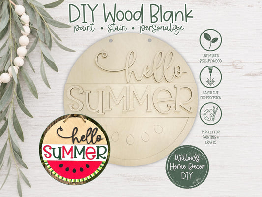 DIY Wood Blank Hello Summer Door Hanger | Unfinished Watermelon Craft | Front Porch Sign | Paint Party Supply