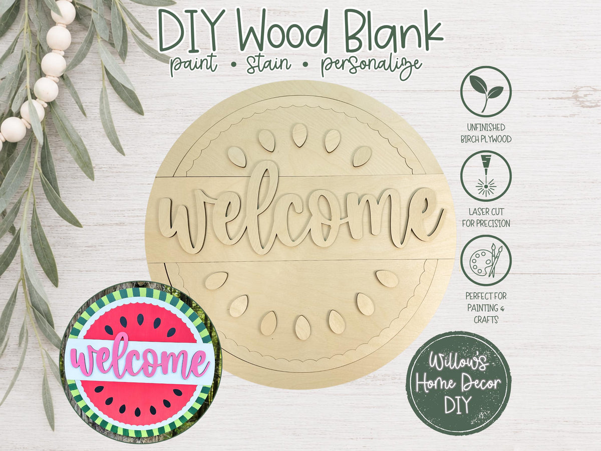Watermelon Welcome Door Hanger Wood Blank | Unfinished Summer Craft Supply | Front Porch Decor | Paint Party | Birch Plywood Sign