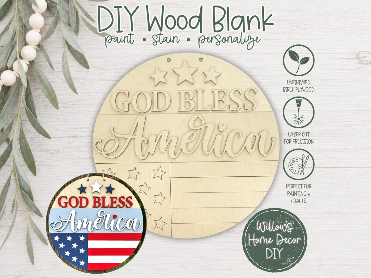 Patriotic Door Hanger Wood Blank | God Bless America 4th of July Decor | Unfinished Craft Supply | Front Porch Sign | Paint Party