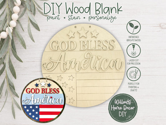 Patriotic Door Hanger Wood Blank | God Bless America 4th of July Decor | Unfinished Craft Supply | Front Porch Sign | Paint Party