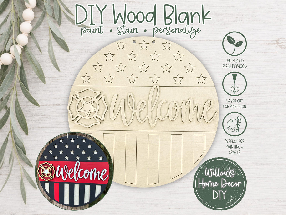Firefighter Door Hanger Wood Blank | Thin Red Line Welcome Sign | Unfinished Craft | First Responder Gift | Front Porch Decor | Paint Party