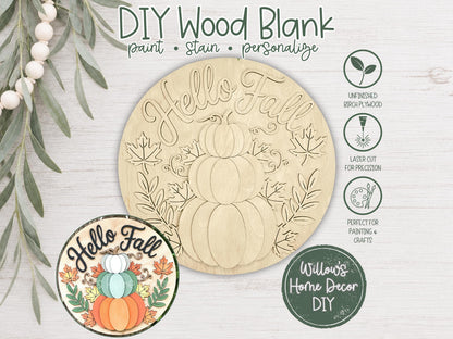 DIY Wood Blank Hello Fall Door Hanger | Unfinished Pumpkin Craft | Entryway Sign | Paint Party Supply