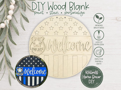 Police Door Hanger Wood Blank | Thin Blue Line Welcome Sign | Unfinished Craft | Police Officer Gift | Front Porch Decor | Paint Party