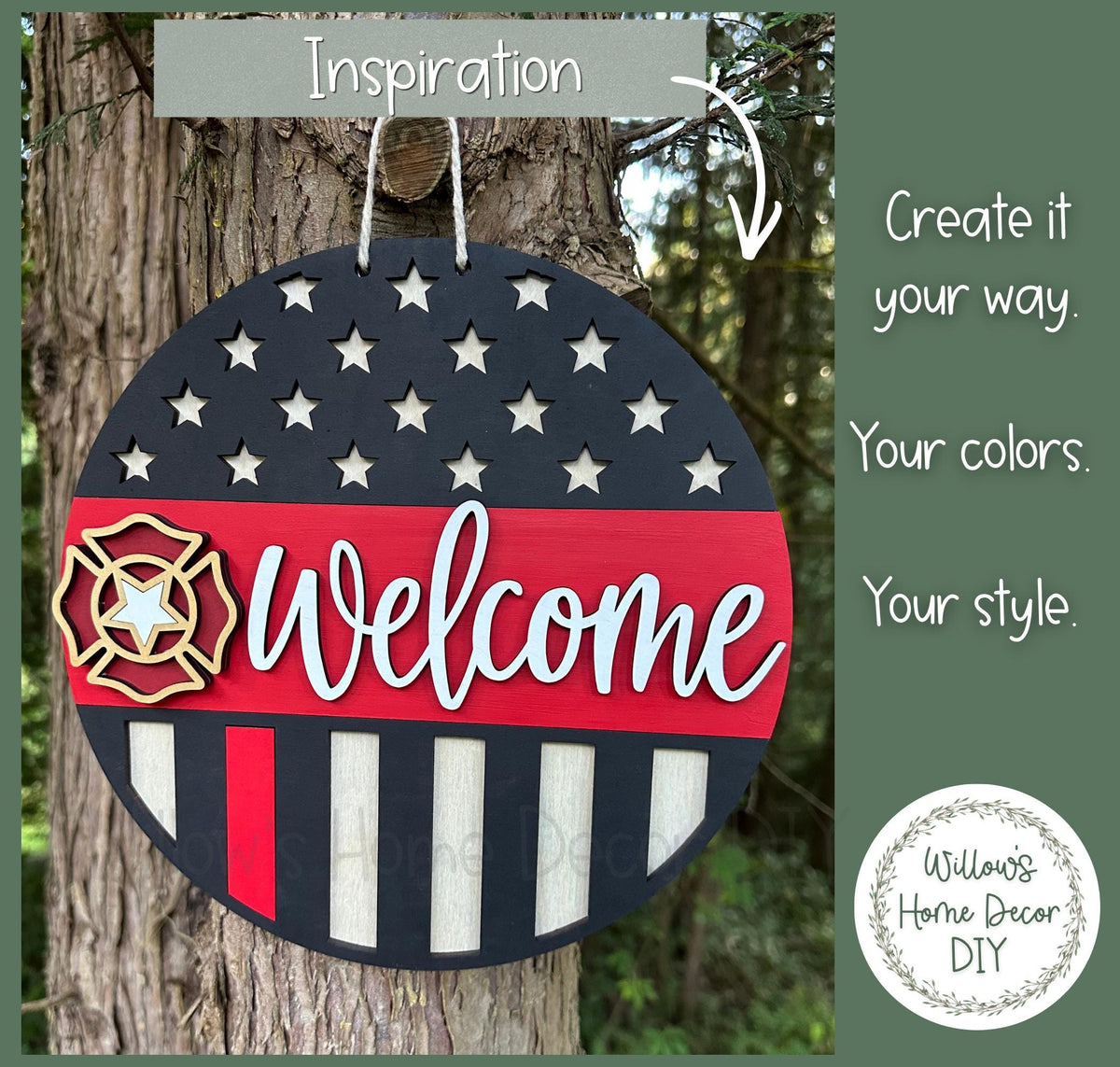 Firefighter Door Hanger Wood Blank | Thin Red Line Welcome Sign | Unfinished Craft | First Responder Gift | Front Porch Decor | Paint Party