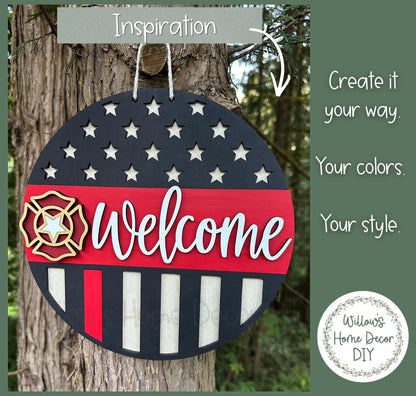 Firefighter Door Hanger Wood Blank | Thin Red Line Welcome Sign | Unfinished Craft | First Responder Gift | Front Porch Decor | Paint Party