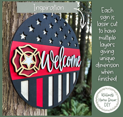 Firefighter Door Hanger Wood Blank | Thin Red Line Welcome Sign | Unfinished Craft | First Responder Gift | Front Porch Decor | Paint Party
