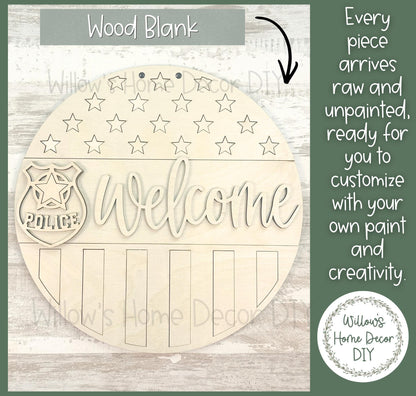 Police Door Hanger Wood Blank | Thin Blue Line Welcome Sign | Unfinished Craft | Police Officer Gift | Front Porch Decor | Paint Party