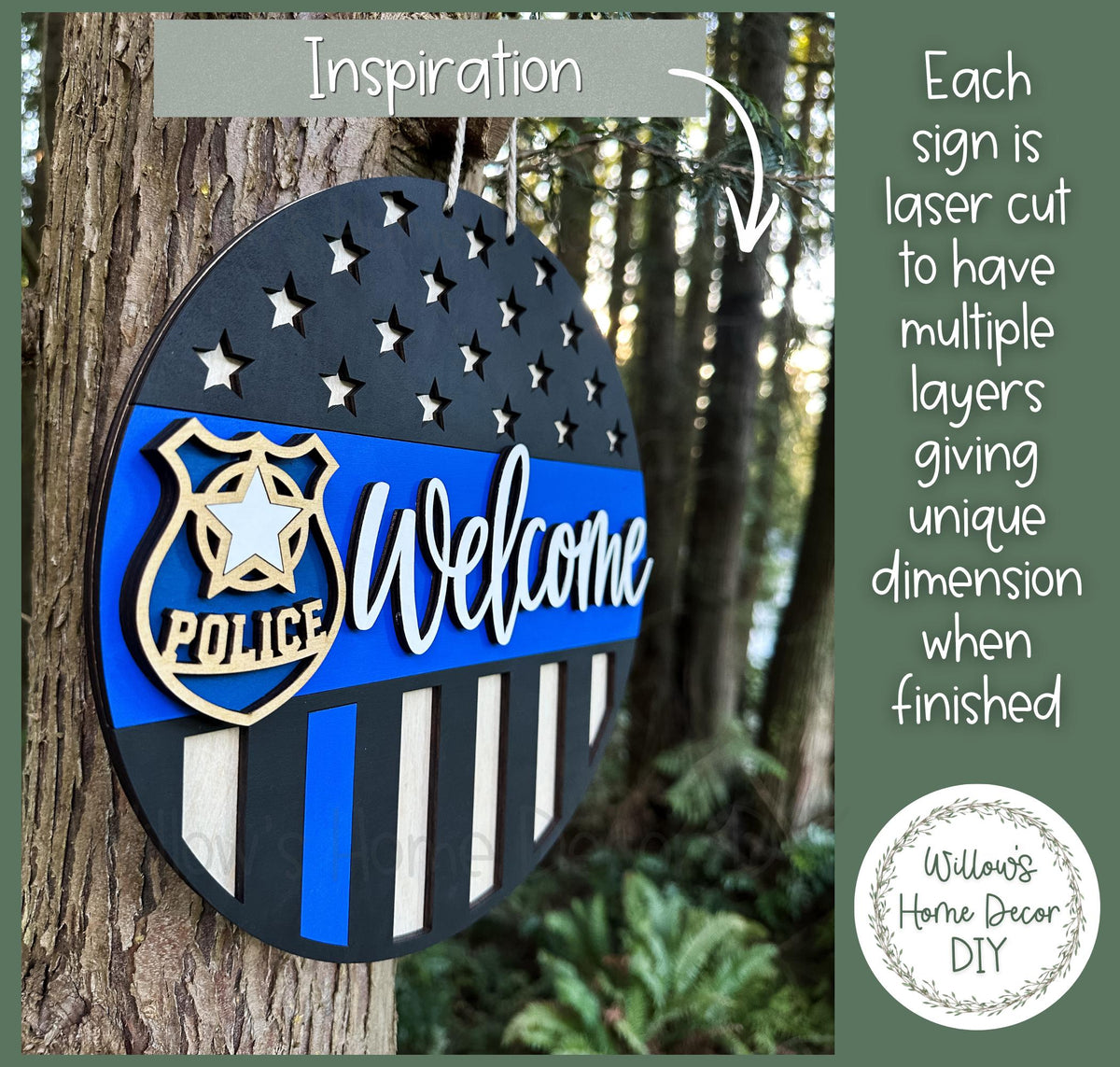 Police Door Hanger Wood Blank | Thin Blue Line Welcome Sign | Unfinished Craft | Police Officer Gift | Front Porch Decor | Paint Party