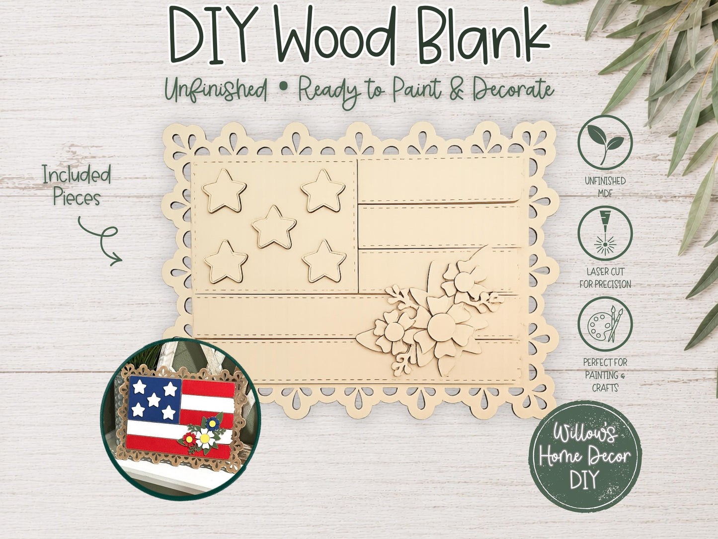 American Flag DIY Wood Blank | Patriotic Laser Cut MDF Unfinished Wood Shape | 4th of July Craft Kit | Paint It Yourself Decor
