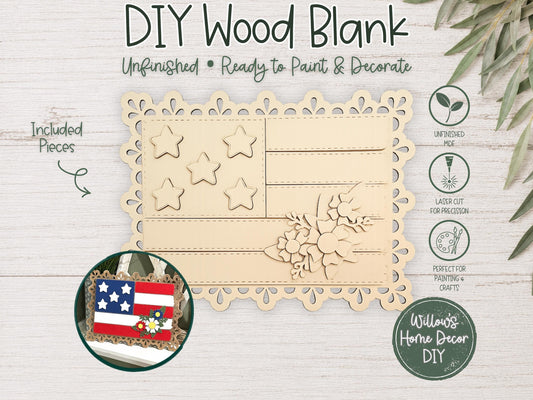 American Flag DIY Wood Blank | Patriotic Laser Cut MDF Unfinished Wood Shape | 4th of July Craft Kit | Paint It Yourself Decor