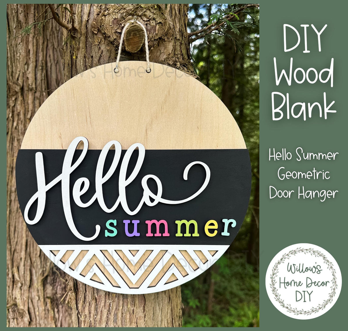Hello Summer Door Hanger Wood Blank | Unfinished Geometric Craft Supply | Front Porch Decor | Paint Party | Birch Plywood Sign