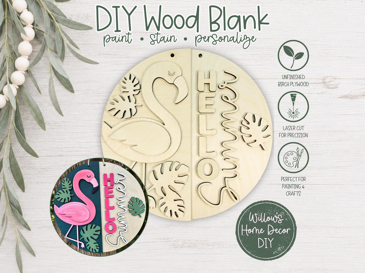 Flamingo Door Hanger Wood Blank | Hello Summer Sign DIY | Laser Cut Birch Plywood | Unfinished Round Sign | Summer Craft Kit