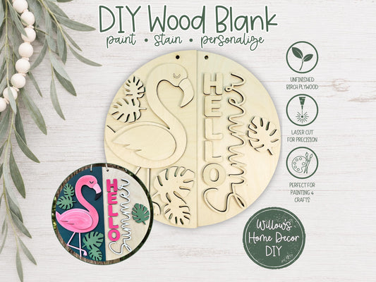 Flamingo Door Hanger Wood Blank | Hello Summer Sign DIY | Laser Cut Birch Plywood | Unfinished Round Sign | Summer Craft Kit