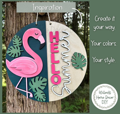 Flamingo Door Hanger Wood Blank | Hello Summer Sign DIY | Laser Cut Birch Plywood | Unfinished Round Sign | Summer Craft Kit