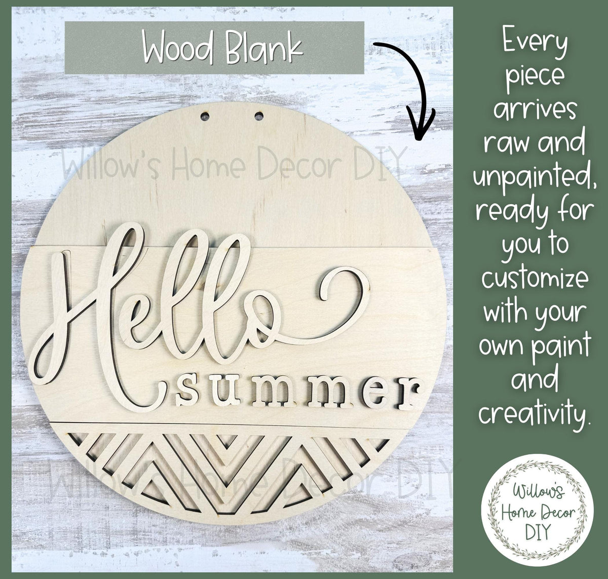 Hello Summer Door Hanger Wood Blank | Unfinished Geometric Craft Supply | Front Porch Decor | Paint Party | Birch Plywood Sign