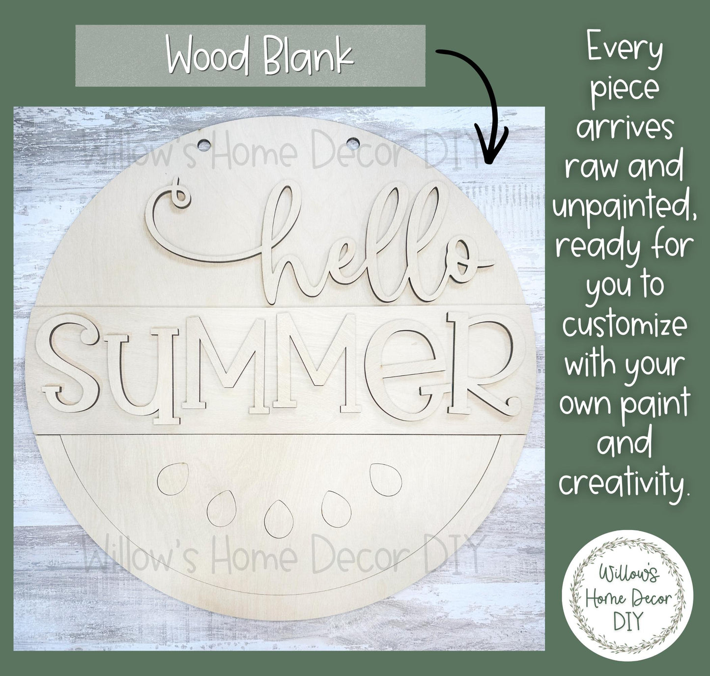 DIY Wood Blank Hello Summer Door Hanger | Unfinished Watermelon Craft | Front Porch Sign | Paint Party Supply
