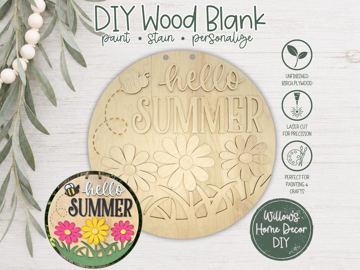 DIY Wood Blank Hello Summer Daisy Door Hanger | Front Porch Decor | Unfinished Craft | Entryway Sign | Paint Party Supply