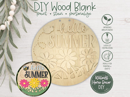 DIY Wood Blank Hello Summer Daisy Door Hanger | Front Porch Decor | Unfinished Craft | Entryway Sign | Paint Party Supply