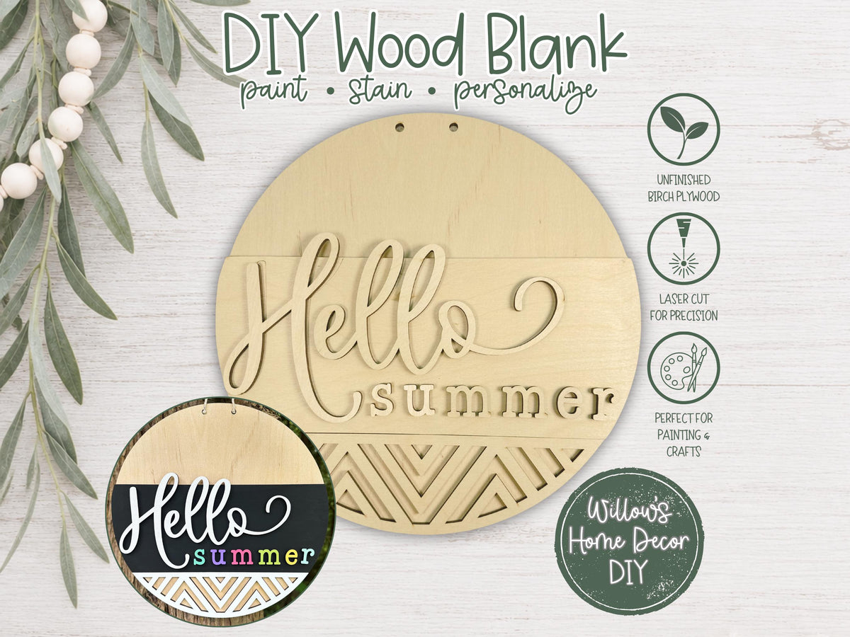 Hello Summer Door Hanger Wood Blank | Unfinished Geometric Craft Supply | Front Porch Decor | Paint Party | Birch Plywood Sign