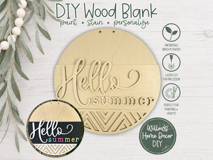 Hello Summer Door Hanger Wood Blank | Unfinished Geometric Craft Supply | Front Porch Decor | Paint Party | Birch Plywood Sign