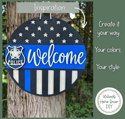 Police Door Hanger Wood Blank | Thin Blue Line Welcome Sign | Unfinished Craft | Police Officer Gift | Front Porch Decor | Paint Party
