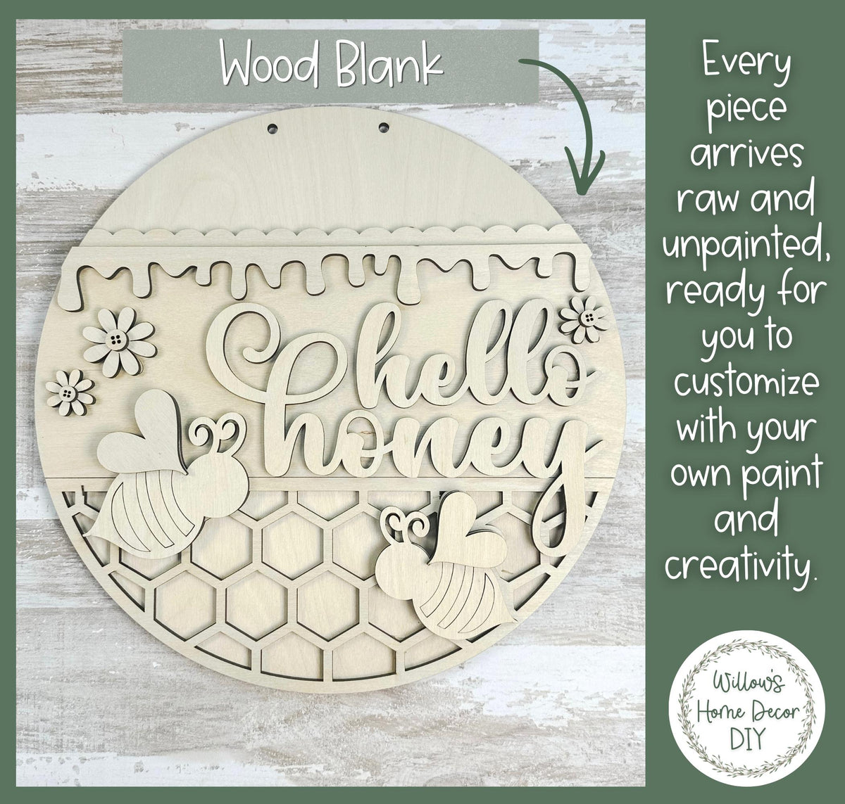 Hello Honey Bee Door Hanger Wood Blank | Unfinished Birch Plywood | Paint Party Supply | Summer Porch Decor | DIY Craft Kit