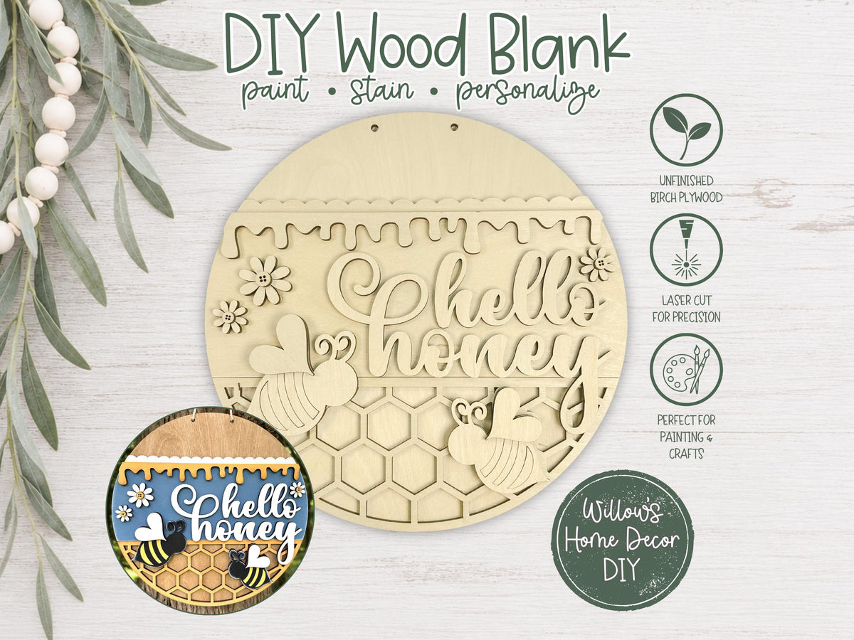 Hello Honey Bee Door Hanger Wood Blank | Unfinished Birch Plywood | Paint Party Supply | Summer Porch Decor | DIY Craft Kit