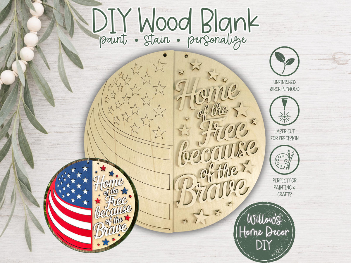 Patriotic Wood Blank Door Hanger | Unfinished 4th of July Craft | Home of The Free Sign | Paint Party Supply | Porch Decor DIY Kit