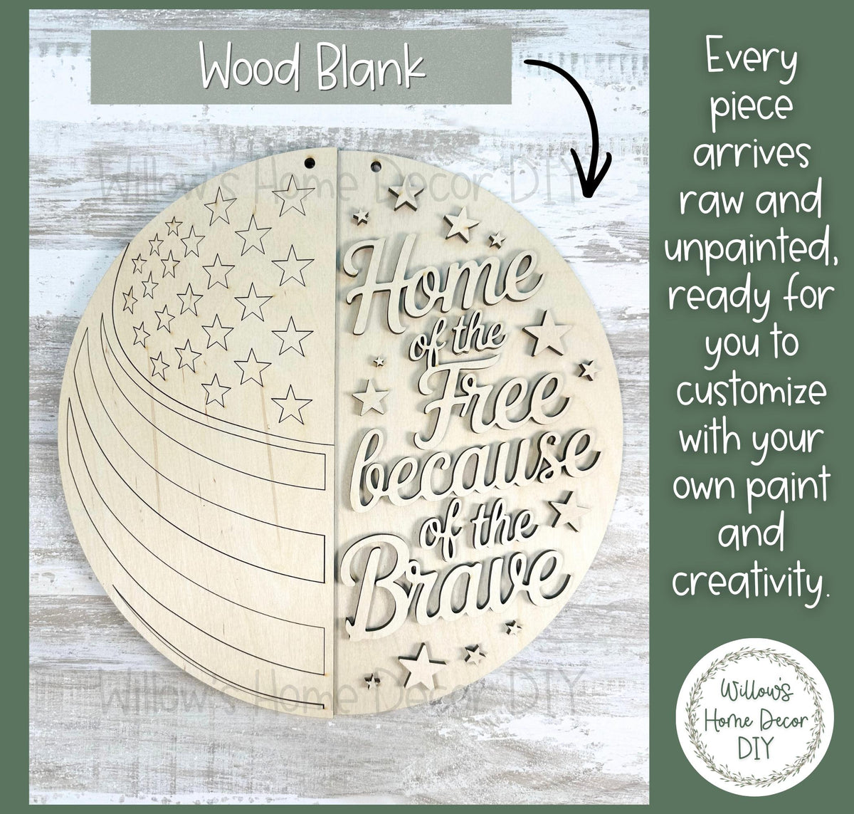 Patriotic Wood Blank Door Hanger | Unfinished 4th of July Craft | Home of The Free Sign | Paint Party Supply | Porch Decor DIY Kit