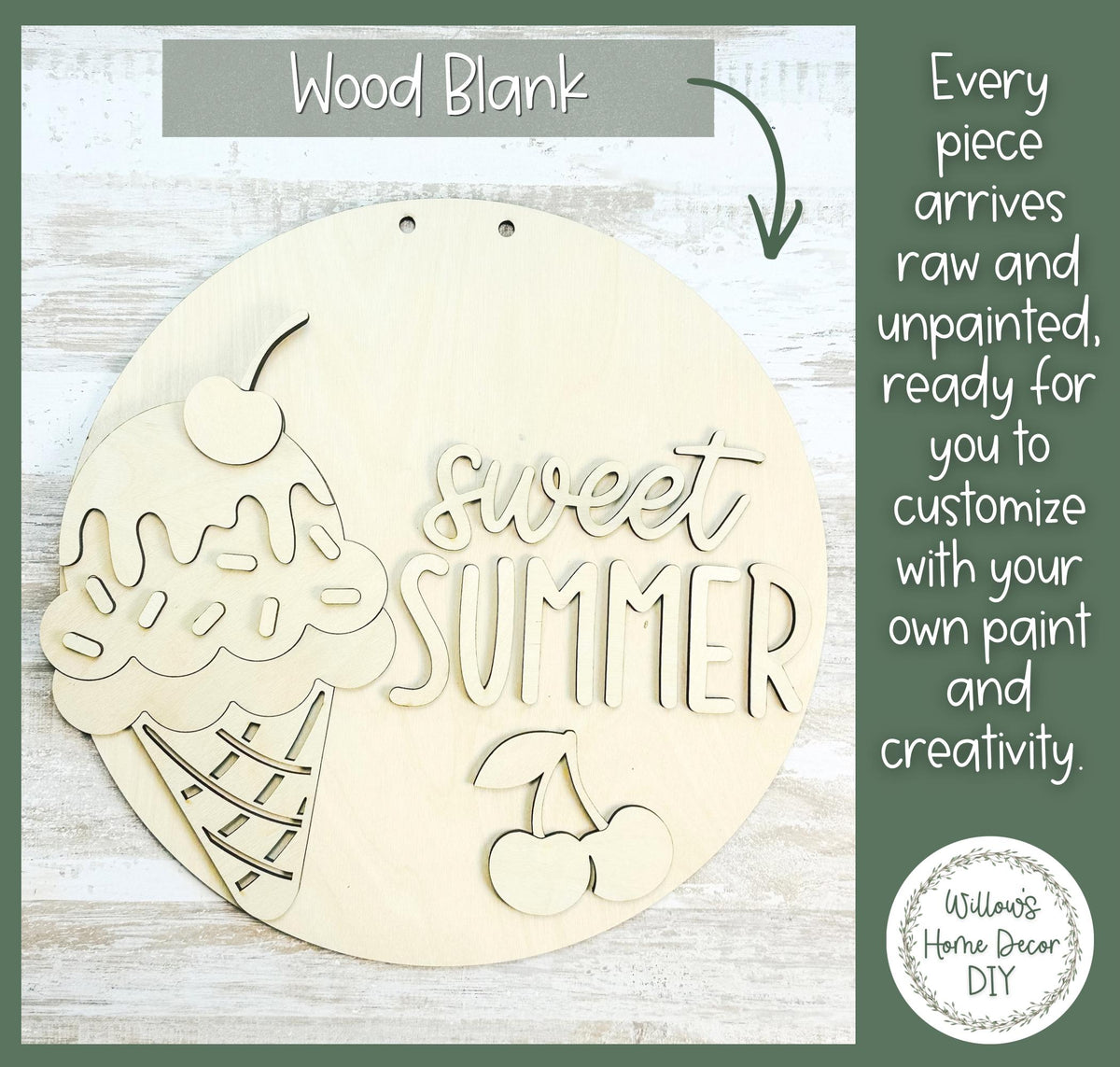 Ice Cream Door Hanger Wood Blank | Unfinished Summer Craft Supply | Front Porch Decor | Paint Party | Birch Plywood Sign