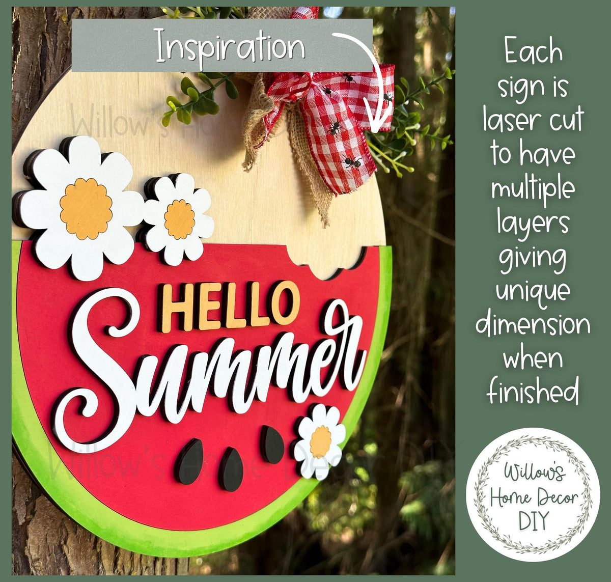 Watermelon Door Hanger Wood Blank | Unfinished Summer Craft Supply | Front Porch Decor | Paint Party | Birch Plywood Sign