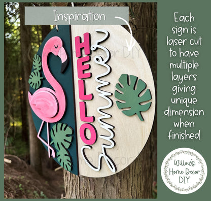 Flamingo Door Hanger Wood Blank | Hello Summer Sign DIY | Laser Cut Birch Plywood | Unfinished Round Sign | Summer Craft Kit