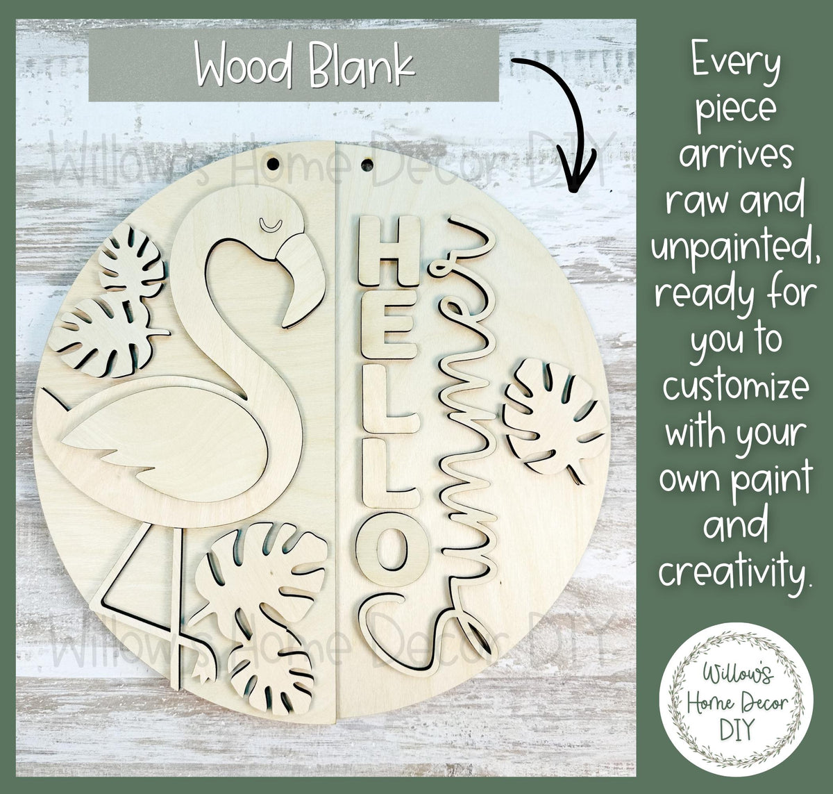 Flamingo Door Hanger Wood Blank | Hello Summer Sign DIY | Laser Cut Birch Plywood | Unfinished Round Sign | Summer Craft Kit