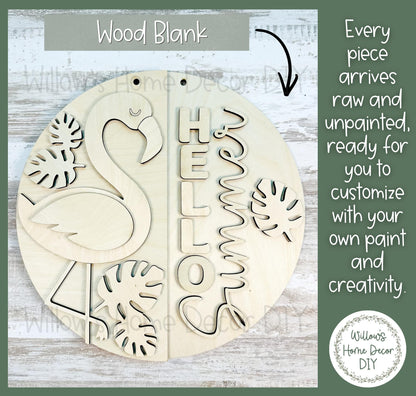 Flamingo Door Hanger Wood Blank | Hello Summer Sign DIY | Laser Cut Birch Plywood | Unfinished Round Sign | Summer Craft Kit