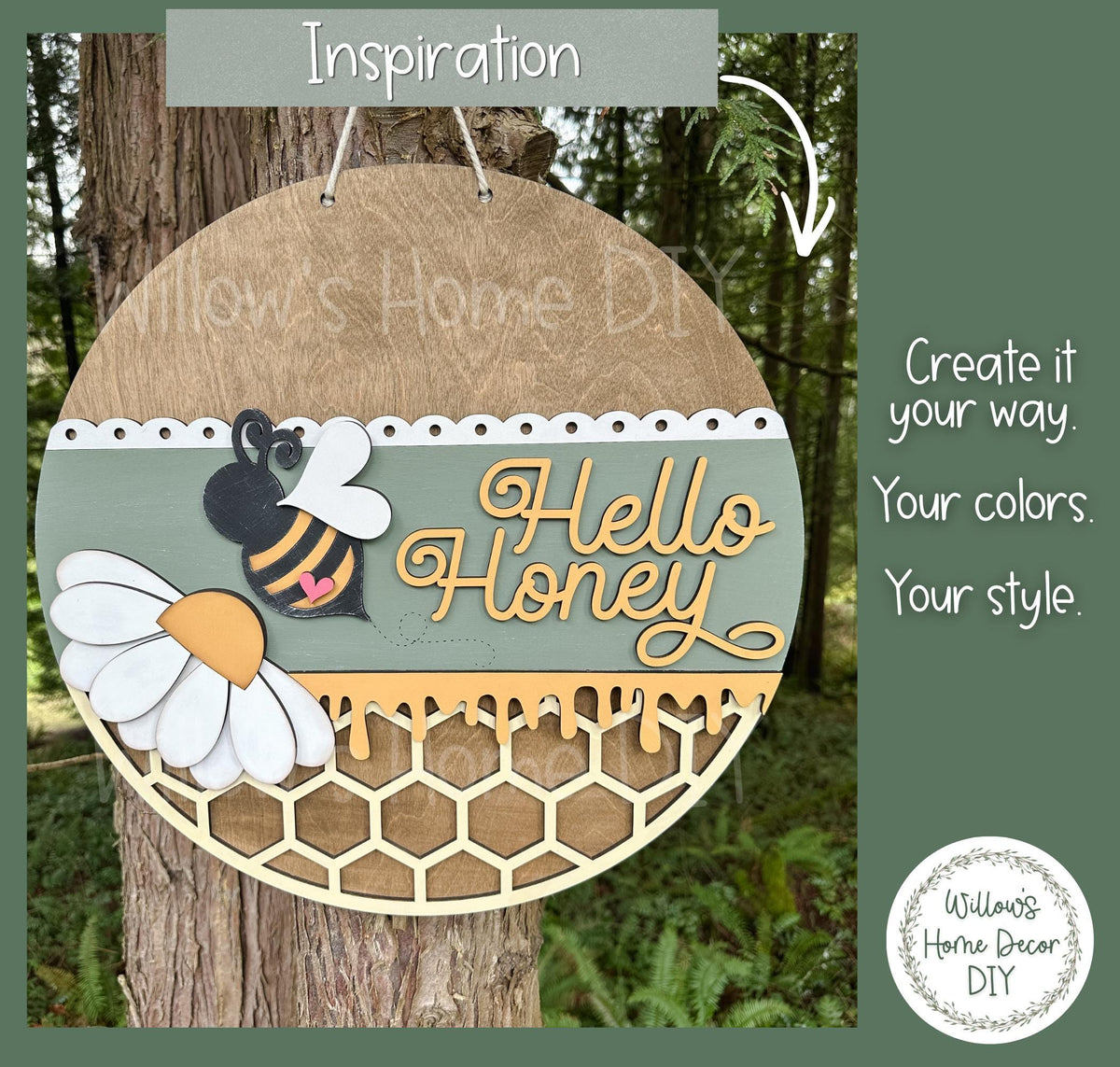 Hello Honey Door Hanger Wood Blank - Unfinished Bee Sign - DIY Paint Kit - Bumble Bee Decor - Summer Craft - Honeycomb Daisy