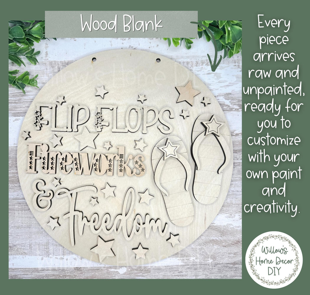 4th of July Door Hanger Wood Blank | Flip Flops Fireworks Unfinished Patriotic Craft Kit | Independence Day DIY Paint Party Sign Decor