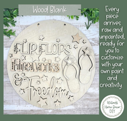 4th of July Door Hanger Wood Blank | Flip Flops Fireworks Unfinished Patriotic Craft Kit | Independence Day DIY Paint Party Sign Decor