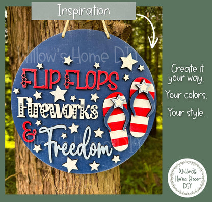 4th of July Door Hanger Wood Blank | Flip Flops Fireworks Unfinished Patriotic Craft Kit | Independence Day DIY Paint Party Sign Decor