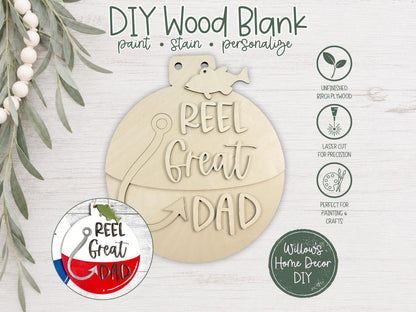 Reel Great Dad Unfinished Wood Sign Blank - Laser Cut Fishing Gift for Dad - Father's Day DIY Craft Kit - Wood Blank