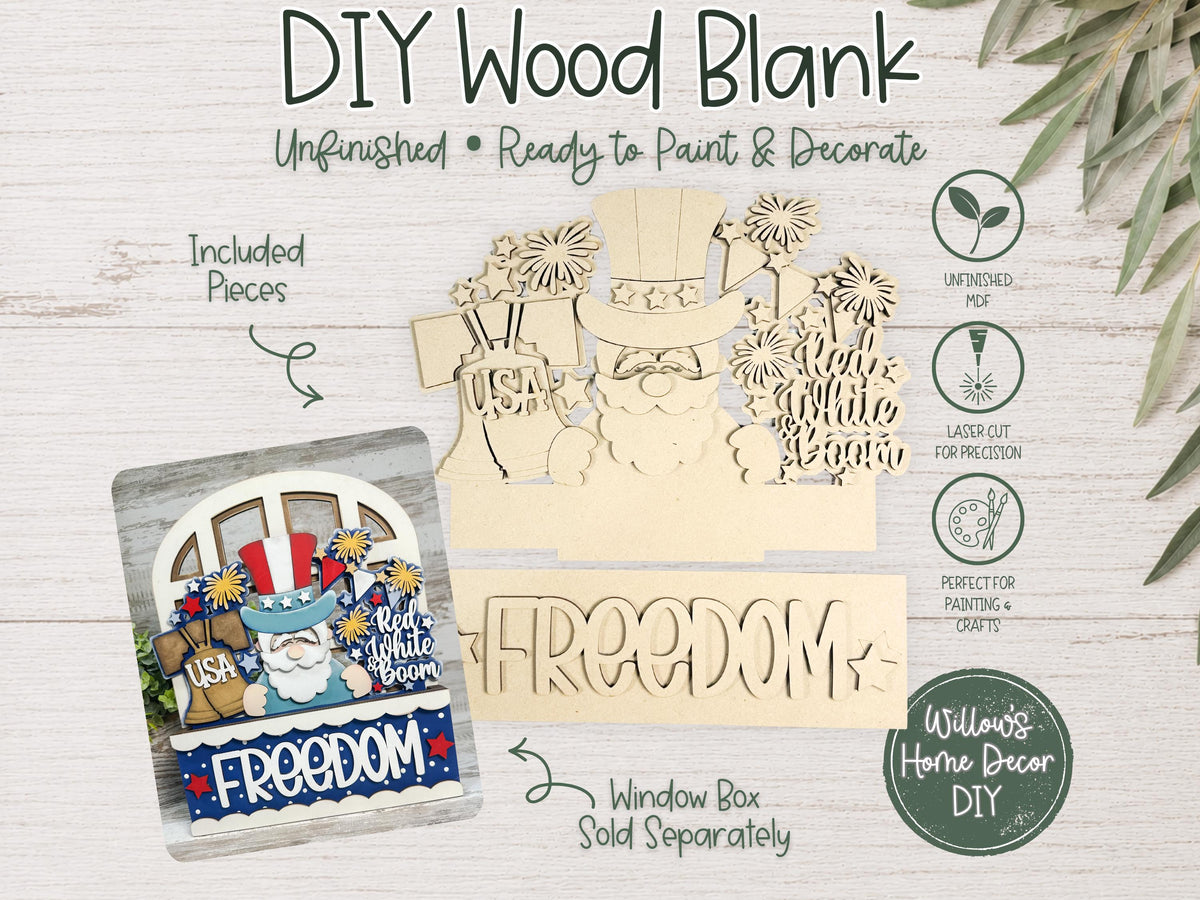 4th of July Window Box Insert | Patriotic Wood Cutout | Unfinished Wood Blank | Interchangeable Seasonal Sign | DIY Craft Kit