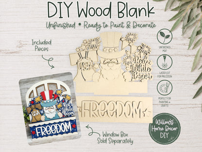 4th of July Window Box Insert | Patriotic Wood Cutout | Unfinished Wood Blank | Interchangeable Seasonal Sign | DIY Craft Kit