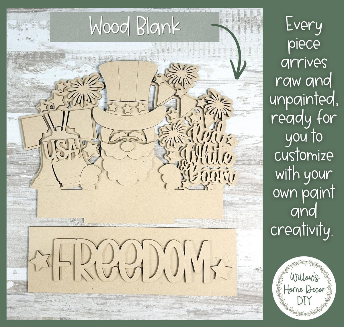 4th of July Window Box Insert | Patriotic Wood Cutout | Unfinished Wood Blank | Interchangeable Seasonal Sign | DIY Craft Kit