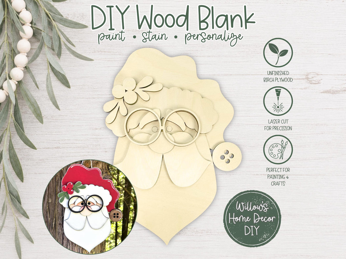 Nerdy Santa Unfinished Wood Door Hanger Blank | DIY Christmas Craft | Laser Cut Wood | Paint Party Supply | Holiday Decor Gift