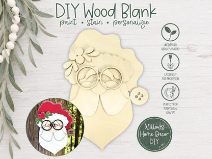 Nerdy Santa Unfinished Wood Door Hanger Blank | DIY Christmas Craft | Laser Cut Wood | Paint Party Supply | Holiday Decor Gift