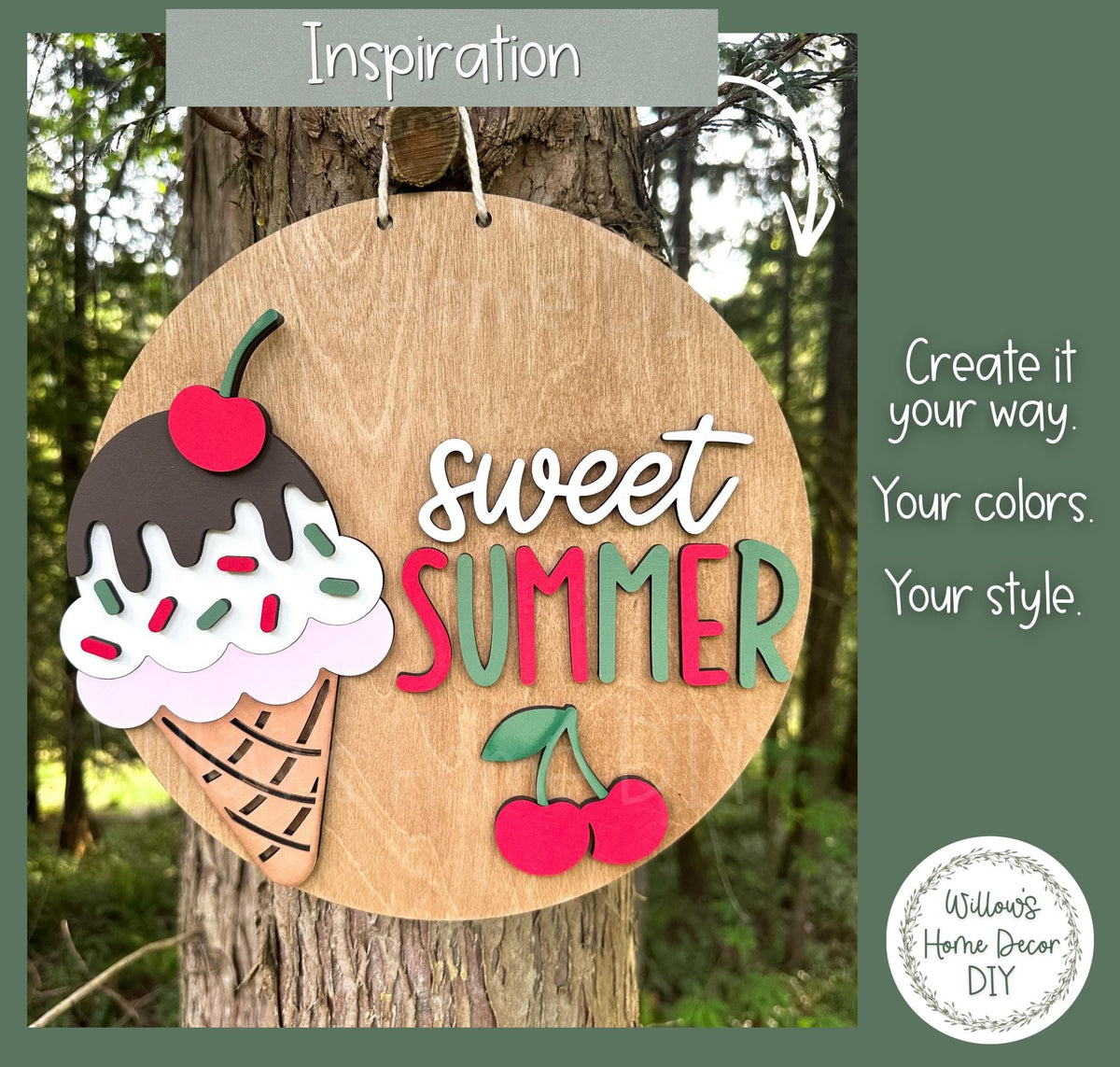 Ice Cream Door Hanger Wood Blank | Unfinished Summer Craft Supply | Front Porch Decor | Paint Party | Birch Plywood Sign