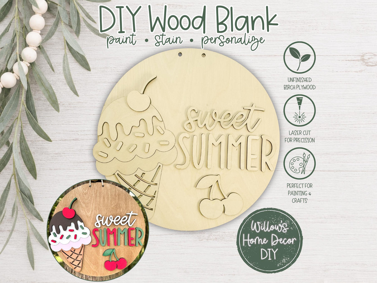 Ice Cream Door Hanger Wood Blank | Unfinished Summer Craft Supply | Front Porch Decor | Paint Party | Birch Plywood Sign
