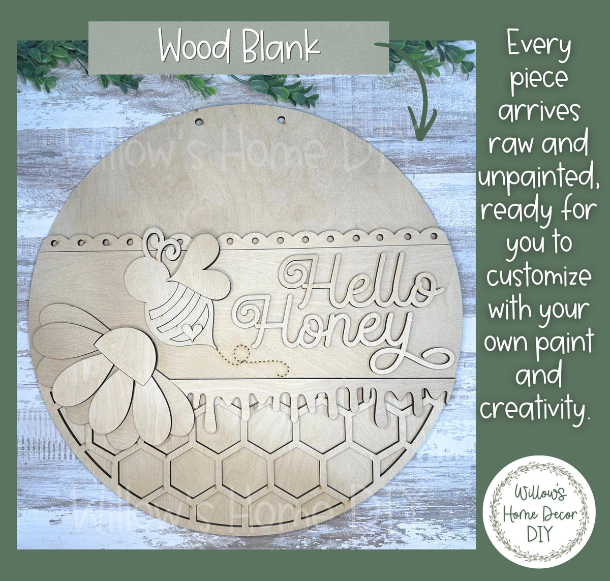 Hello Honey Door Hanger Wood Blank - Unfinished Bee Sign - DIY Paint Kit - Bumble Bee Decor - Summer Craft - Honeycomb Daisy